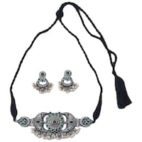 Mryga Elegant Tribal Necklace and Earrings Set, SB787763, Green & Silver