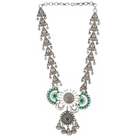 Mryga Elegant Tribal Brass Long Necklace, Silver & Green