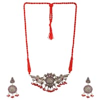 Mryga Elegant Tribal Necklace and Earrings Set, SB787789, Silver & Red