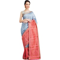 Picture of Mryga Women's Handwoven Banarasi Dupian Silk Saree, SB787027, Grey & Pink