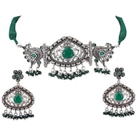 Mryga Elegant Tribal Necklace and Earrings Set, SB787786, Silver & Green