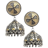 Picture of Mryga Women's Handcrafted Dual Tone Brass Peacock Jhumka Earrings, SB787706, Silver & Gold
