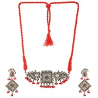 Mryga Elegant Tribal Necklace and Earrings Set, SB787787, Silver & Red
