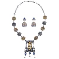 Mryga Dual Tone Handcrafted Long Necklace and Earrings Set, SB787771, Gold & Silver