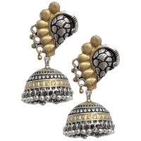 Picture of Mryga Women's Handcrafted Dual Tone Brass Peacock Jhumka Earrings, SB787704, Silver & Gold