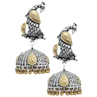 Picture of Mryga Women's Handcrafted Dual Tone Brass Peacock Jhumka Earrings, SB787701, Silver & Gold