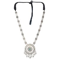 Mryga Elegant Tribal Long Necklace, Silver & Green