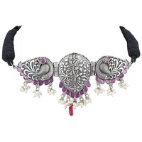 Mryga Handcrafted Elegant Brass Necklace, Silver & Pink
