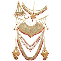 Belle Femme Designer Bridal Set with Glass Beads, Red & Gold