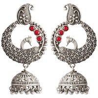 Picture of Mryga Women's Handcrafted Brass Peacock Jhumka Earrings, SB787681, Silver & Red