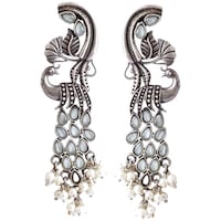 Mryga Women's Peacock Shaped Stylish Brass Earrings, SB787684, Silver