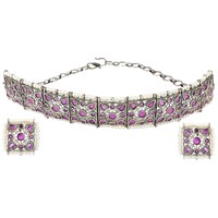 Mryga Handcrafted Elegant Brass Necklace and Earrings Set, SB787745, Pink & Silver