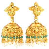 Picture of Mryga Women's Handcrafted Matte Temple Jhumka Earrings, SB787652, Gold & Green