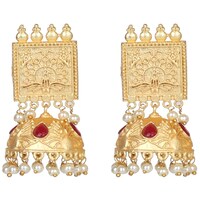 Mryga Women's Matte Jhumka Earrings, SB787671, Gold & Red