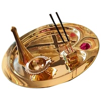 KUVI Om Design Brass Pooja Thali Set, 4 Pcs, Golden