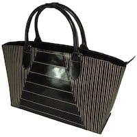 Striped Patterned Leather Tote Bag, 3127, Black
