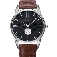 AFRA Moment Gentleman's Watch, Japanese Design, Silver Metal Case, Black Dial, Brown Leather Strap, Water Resistant 30m