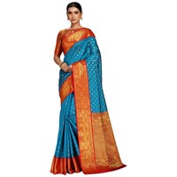 Picture of Varkala Saree Spun Silk Saree With Blouse Piece, ISKA103349, Blue & Red