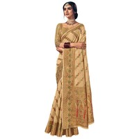 Picture of Sangam Prints Spun Silk Saree With Blouse Piece, ISKA103370, Cream & Golden
