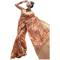 Picture of Pink Lotus Creation Spun Silk Saree With Blouse Piece, ISKA103368, Orange & Cream