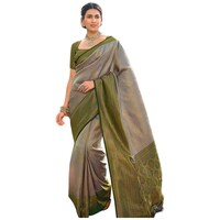 Picture of Pink Lotus Creation Spun Silk Saree With Blouse Piece, ISKA103345, Grey & Olive Green