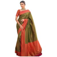 Picture of Pink Lotus Creation Spun Silk Saree With Blouse Piece, ISKA103350, Green & Red