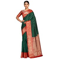 Picture of Varkala Saree Spun Silk Saree With Blouse Piece, ISKA103353, Bottle Green & Red
