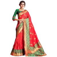 Picture of Sangam Prints Spun Silk Saree With Blouse Piece, ISKA103378, Tomato Red & Golden