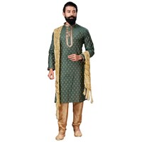 Vastra Swarg Silk Woven Kurta and Pajama Set, ALN941508, Green & Gold