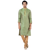 Vastra Swarg Silk Woven Kurta and Pajama Set, ALN941591, Green & Beige