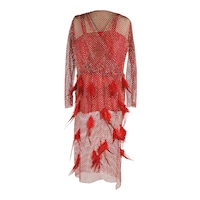 KvK Rhineshine Stone Net & Feather V-Neck Dress, Red