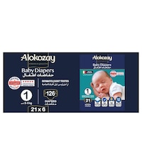 Picture of Alokozay Baby Diapers, Size 1, 2-5 Kg, 21 Diapers, Pack Of 6