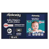 Alokozay Baby Diapers, Size 4+, 10-16 Kg, 15 Diapers, Pack Of 6