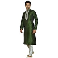 Label Lakshman Saw Silk Embroidered Kurta and Pajama Set, ALN944831, Green & White