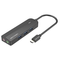 Picture of Vention ABS Type USB-C to USB 3.0x3/Micro-B Hub with External Stereo Sound Adapter, 0.15M, Black, TGQBB