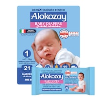 Picture of Alokozay Premium Baby Diapers 2-5kg Size 1 - 21 Diapers With Free Aloe-Vera & Camomile 20 Baby Wipes