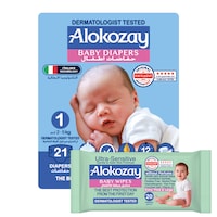 Picture of Alokozay Premium Baby Diapers - Size 1 (2-5 Kg) - 21 Diapers With Free Ultra-Sensitive, 20 Baby Wipes