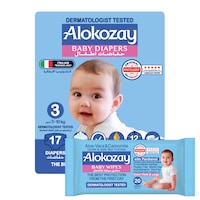 Picture of Alokozay Premium Baby Diapers - Size 3 (5-10 Kg) - 17 Diapers With Free Aloe-Vera & Camomile 20 Baby Wipes