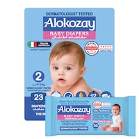 Picture of Alokozay Premium Baby Diapers - Size 2 (4-6 Kg) - 23 Diapers With Free Aloe-Vera & Camomile 20 Baby Wipes
