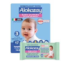 Picture of Alokozay Premium Baby Diapers - Size 3 (5-10 Kg) - 17 Diapers With Free Ultra-Sensitive, 20 Baby Wipes