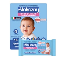 Picture of Alokozay Premium Baby Diapers - Size 4 (8-14 Kg) - 16 Diapers With Free Aloe-Vera & Camomile 20 Baby Wipes