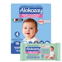 Picture of Alokozay Premium Baby Diapers - Size 4 (8-14 Kg) - 16 Diapers With Free Ultra-Sensitive, 20 Baby Wipes
