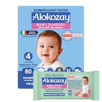 Picture of Alokozay Premium Baby Diapers - Size 4 (8-14 Kg) - 60 Diapers With Free Ultra-Sensitive, 60 Baby Wipes
