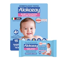 Picture of Alokozay Premium Baby Diapers - Size 4+ (10-16 Kg) - 15 Diapers With Free Aloe-Vera & Camomile 20 Baby Wipes