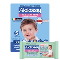 Picture of Alokozay Premium Baby Diapers - Size 5 (12-17 Kg) - 38 Diapers With Free Ultra-Sensitive, 40 Baby Wipes