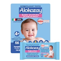 Picture of Alokozay Premium Baby Diapers - Size 4+ (10-16 Kg) - 56 Diaper With Free Aloe-Vera & Camomile 60 Baby Wipes