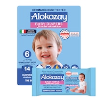 Picture of Alokozay Premium Baby Diapers - Size 6 (15+ Kg) - 14 Diapers With Free Aloe-Vera & Camomile 20 Baby Wipes