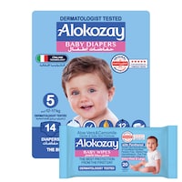Picture of Alokozay Premium Baby Diapers - Size 5 (12-17 Kg) - 14 Diapers With Free Aloe-Vera & Camomile 20 Baby Wipes