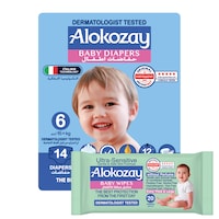 Picture of Alokozay Premium Baby Diapers - Size 6 (15+ Kg) - 14 Diapers With Free Ultra-Sensitive, 20 Baby Wipes