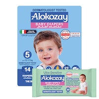 Picture of Alokozay Premium Baby Diapers - Size 5 (12-17 Kg) - 14 Diapers With Free Ultra-Sensitive, 20 Baby Wipes